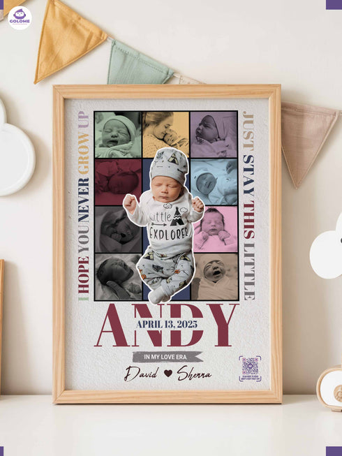 Personalized Baby Photo Collage Poster – “Never Grow Up” Lyric Print – Custom Keepsake