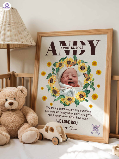 Personalized Sunflower Baby Poster – You Are My Sunshine Lyric Print – Custom Photo Keepsake