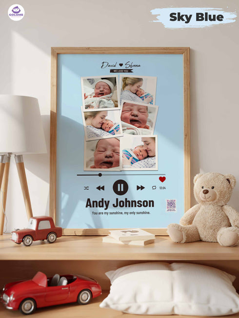 Personalized Baby Photo Collage Poster – Music Player Design – Custom Multi-Photo Keepsake (4 Color Options)