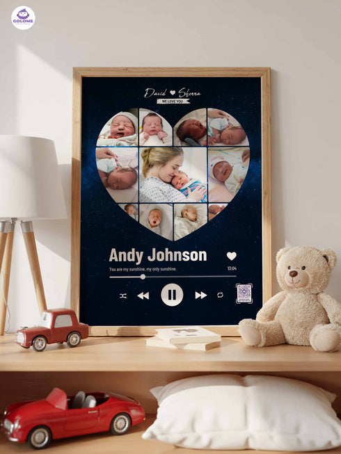 Personalized Baby Photo Collage Poster – Music Player Heart Design – Custom Keepsake