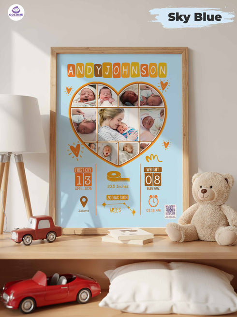Playful Heart Baby Birth Stats Poster – Personalized Collage Print