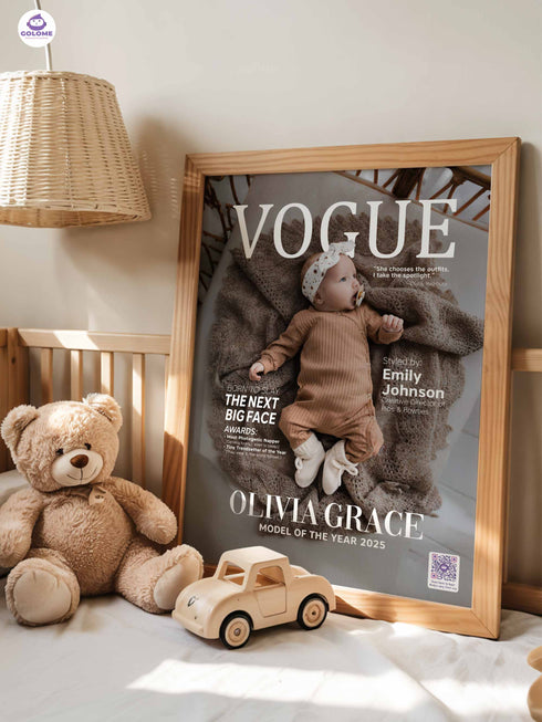 Baby Fashion Magazine Poster, Personalized Baby Canvas with Photo & Text, Custom Newborn Keepsake, Nursery Wall Art with QR MemoryVault