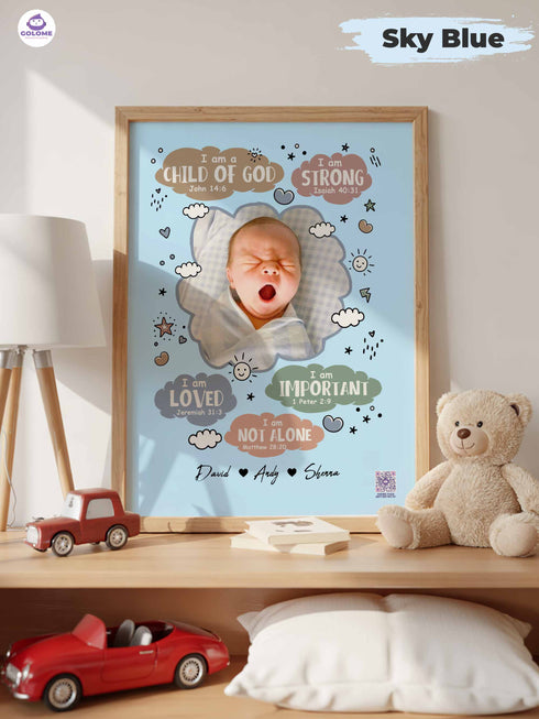 Personalized Baby “I Am” Cloud Poster – Christian Nursery Wall Art with Custom Photo & Bible Verses