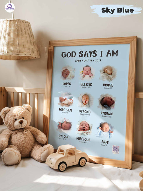 Personalized “God Says I Am” Baby Poster – Christian Nursery Wall Art with Photo & Bible Verses