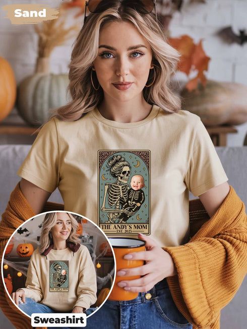 Personalized Skeleton Mom & Baby Halloween Shirt – Custom Photo & Text Tarot Card Design