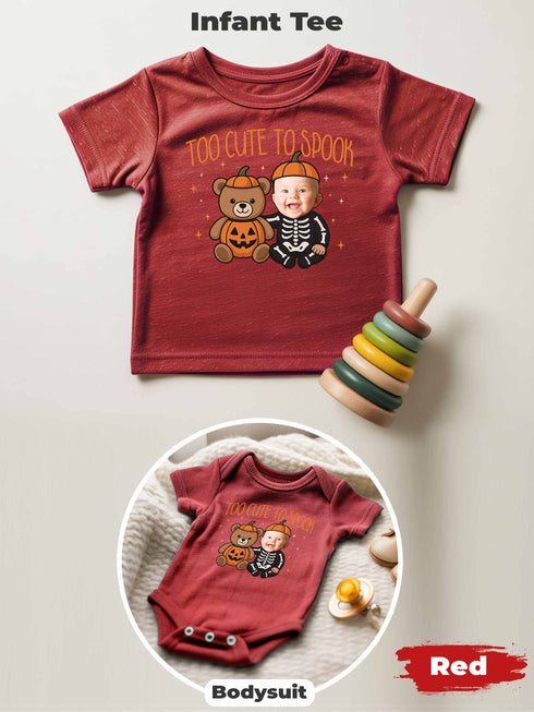 Personalized Baby “Too Cute To Spook” Halloween Outfit – Custom Photo Bodysuit & Infant Tee