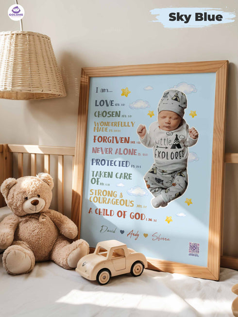 Personalized “I Am” Baby Poster – Christian Nursery Wall Art with Custom Photo & Bible Verses