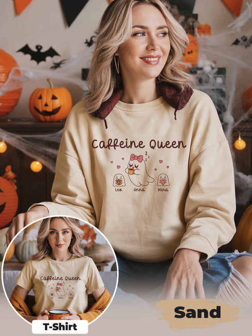 Caffeine Queen Mom Shirt or Sweater – Funny Coffee Mom Life – Custom Name & Year