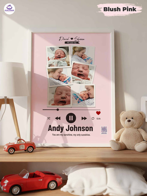 Personalized Baby Photo Collage Poster – Music Player Design – Custom Multi-Photo Keepsake (4 Color Options)
