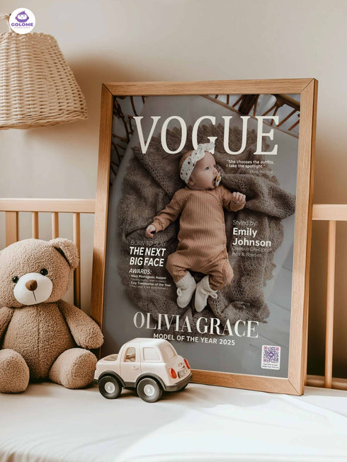 Baby Fashion Magazine Poster, Personalized Baby Canvas with Photo & Text, Custom Newborn Keepsake, Nursery Wall Art with QR MemoryVault