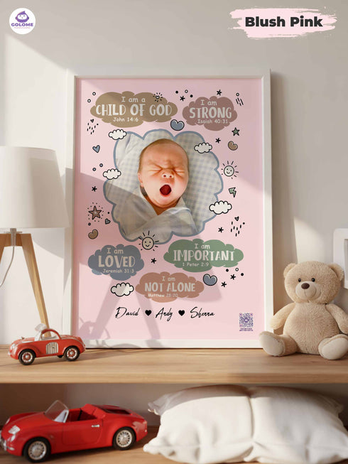 Personalized Baby “I Am” Cloud Poster – Christian Nursery Wall Art with Custom Photo & Bible Verses