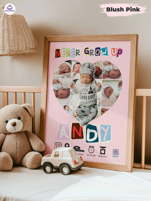 Baby Birth Stats Collage Poster – Personalized Heart Photo Print