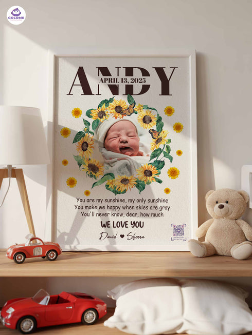 Personalized Sunflower Baby Poster – You Are My Sunshine Lyric Print – Custom Photo Keepsake