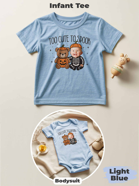 Personalized Baby “Too Cute To Spook” Halloween Outfit – Custom Photo Bodysuit & Infant Tee
