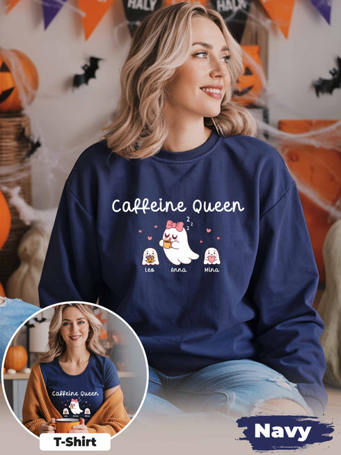 Caffeine Queen Mom Shirt or Sweater – Funny Coffee Mom Life – Custom Name & Year