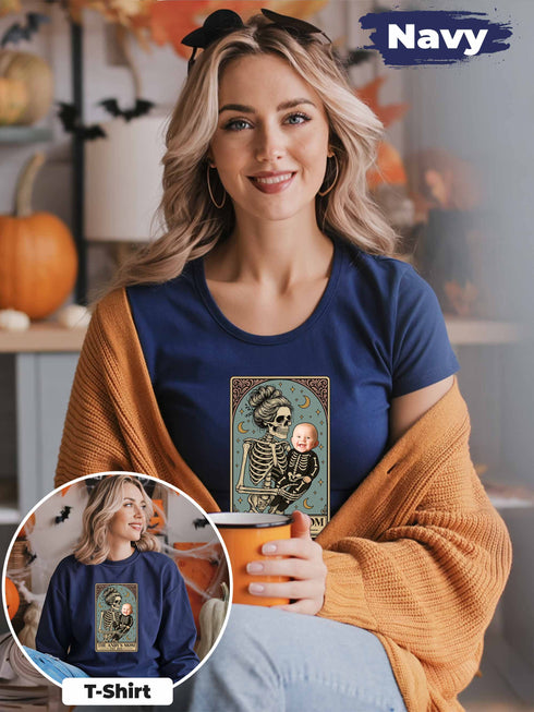 Personalized Skeleton Mom & Baby Halloween Shirt – Custom Photo & Text Tarot Card Design