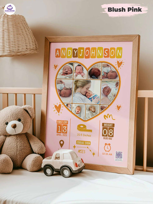 Playful Heart Baby Birth Stats Poster – Personalized Collage Print