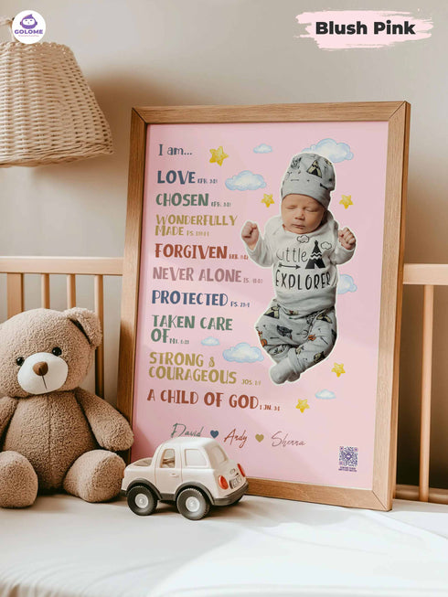 Personalized “I Am” Baby Poster – Christian Nursery Wall Art with Custom Photo & Bible Verses
