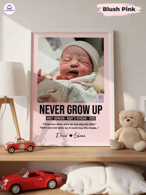 Personalized Baby Poster – “Never Grow Up” Lyric Print – Custom Photo Keepsake