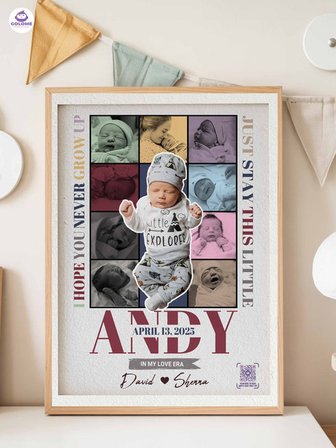 Personalized Baby Photo Collage Poster – “Never Grow Up” Lyric Print – Custom Keepsake