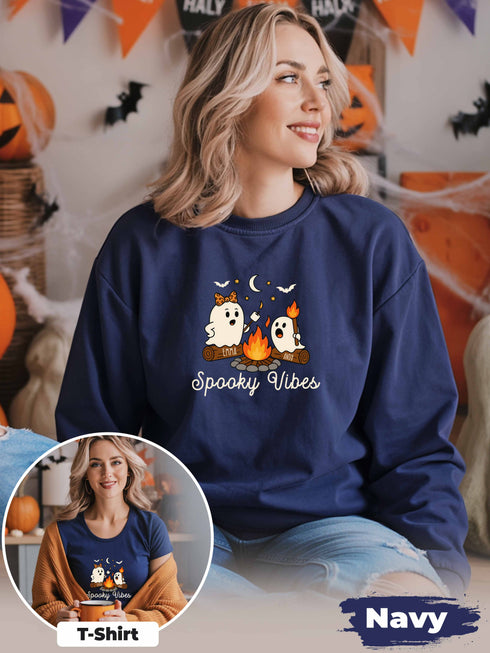 Custom Spooky Vibes Shirt, Personalized Halloween Ghost Sweatshirt, Cute Matching T-shirt with Names, Fall Spooky Season Family Outfit