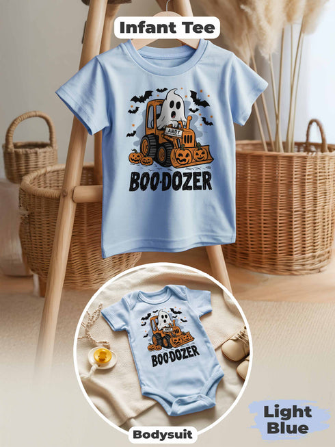 Personalized Baby “Boo-Dozer” Bodysuit & Tee – First Halloween Outfit with Custom Name