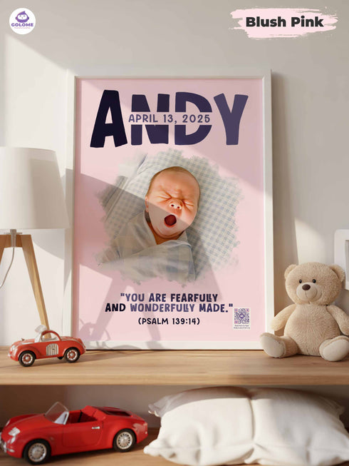 Personalized Baby Name & Birth Date Poster – Christian Nursery Wall Art with Psalm 139:14