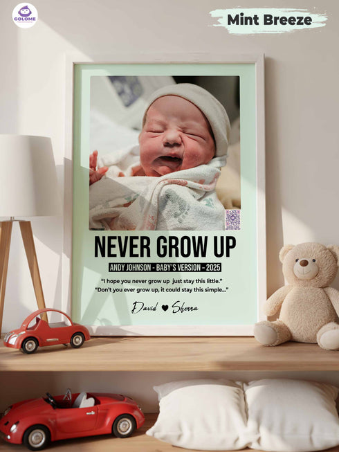 Personalized Baby Poster – “Never Grow Up” Lyric Print – Custom Photo Keepsake
