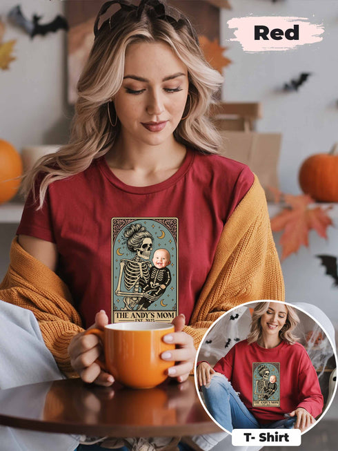 Personalized Skeleton Mom & Baby Halloween Shirt – Custom Photo & Text Tarot Card Design