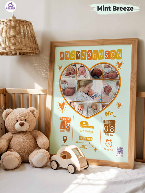 Playful Heart Baby Birth Stats Poster – Personalized Collage Print