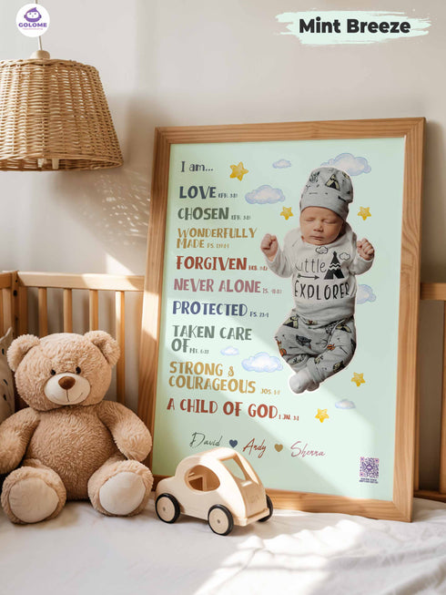 Personalized “I Am” Baby Poster – Christian Nursery Wall Art with Custom Photo & Bible Verses