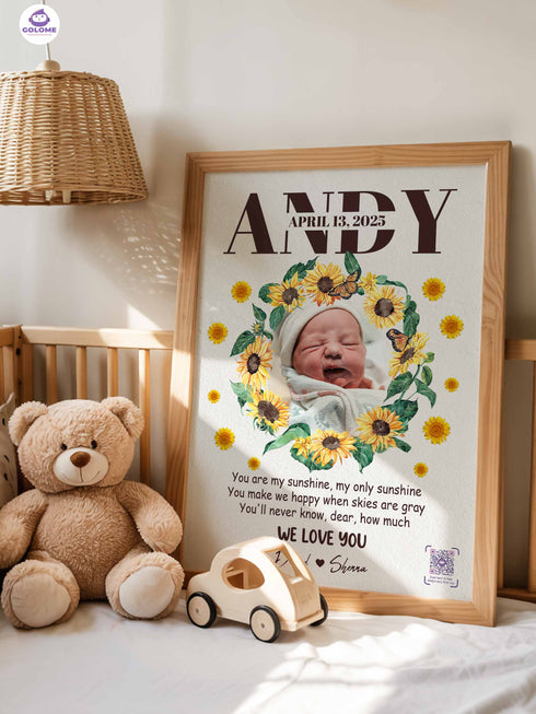 Personalized Sunflower Baby Poster – You Are My Sunshine Lyric Print – Custom Photo Keepsake
