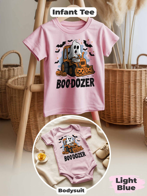 Personalized Baby “Boo-Dozer” Bodysuit & Tee – First Halloween Outfit with Custom Name