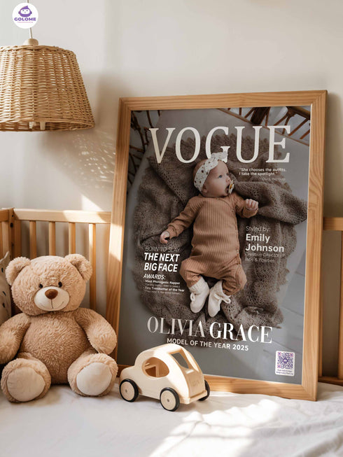 Baby Fashion Magazine Poster, Personalized Baby Canvas with Photo & Text, Custom Newborn Keepsake, Nursery Wall Art with QR MemoryVault