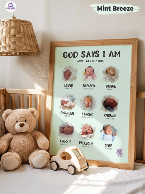 Personalized “God Says I Am” Baby Poster – Christian Nursery Wall Art with Photo & Bible Verses