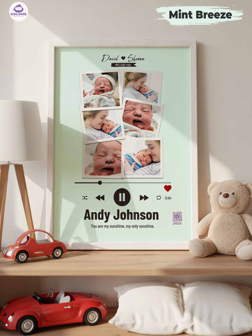 Personalized Baby Photo Collage Poster – Music Player Design – Custom Multi-Photo Keepsake (4 Color Options)
