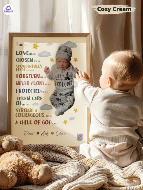 Personalized “I Am” Baby Poster – Christian Nursery Wall Art with Custom Photo & Bible Verses