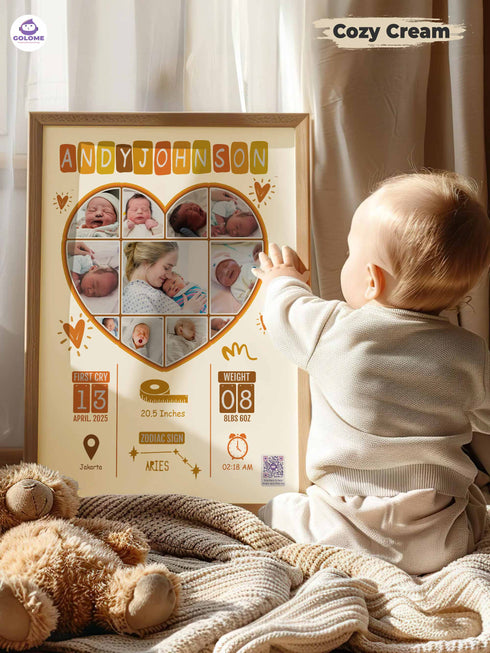 Playful Heart Baby Birth Stats Poster – Personalized Collage Print