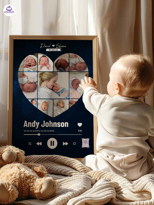 Personalized Baby Photo Collage Poster – Music Player Heart Design – Custom Keepsake
