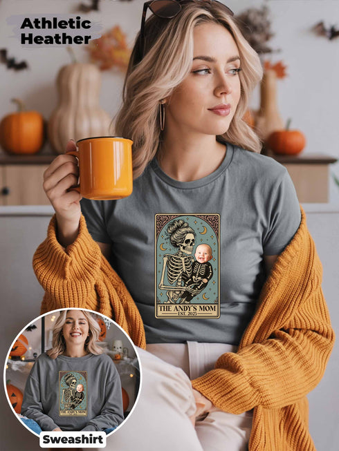 Personalized Skeleton Mom & Baby Halloween Shirt – Custom Photo & Text Tarot Card Design