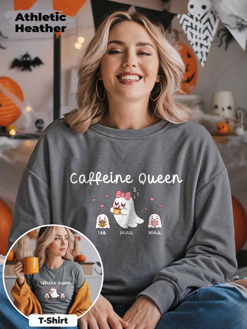 Caffeine Queen Mom Shirt or Sweater – Funny Coffee Mom Life – Custom Name & Year