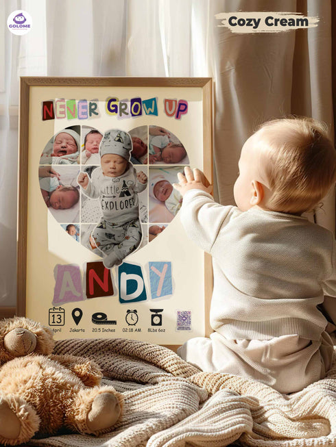 Baby Birth Stats Collage Poster – Personalized Heart Photo Print