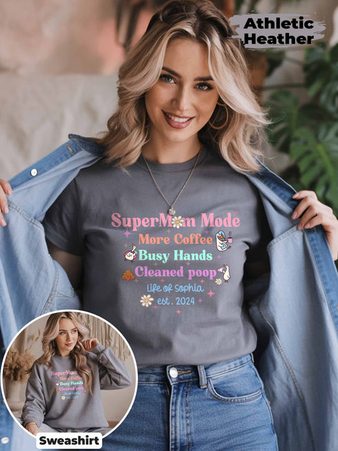 SuperMom Mode Shirt – Funny Mom Life Tee – Custom Name & Date – T-Shirt or Sweater