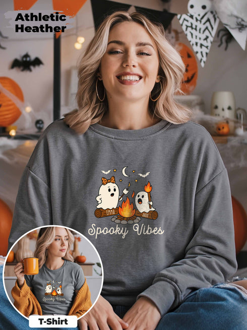 Custom Spooky Vibes Shirt, Personalized Halloween Ghost Sweatshirt, Cute Matching T-shirt with Names, Fall Spooky Season Family Outfit
