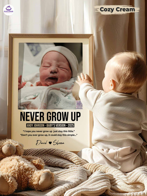 Personalized Baby Poster – “Never Grow Up” Lyric Print – Custom Photo Keepsake