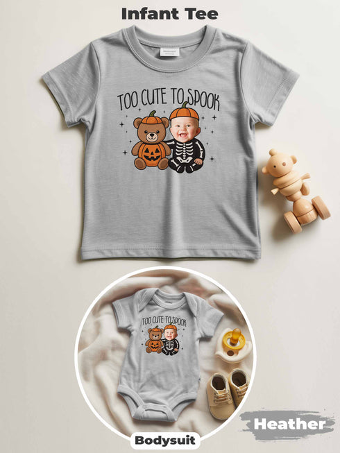 Personalized Baby “Too Cute To Spook” Halloween Outfit – Custom Photo Bodysuit & Infant Tee