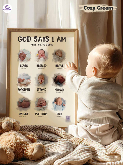 Personalized “God Says I Am” Baby Poster – Christian Nursery Wall Art with Photo & Bible Verses