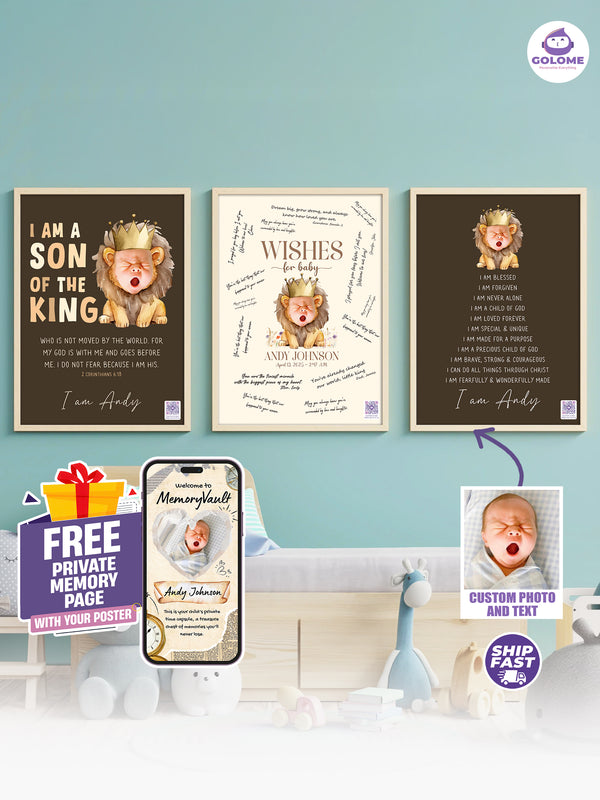 Christian Baby Poster Bundle – Lion Theme – Scripture, Affirmations & Wishes for Baby – Custom Keepsake