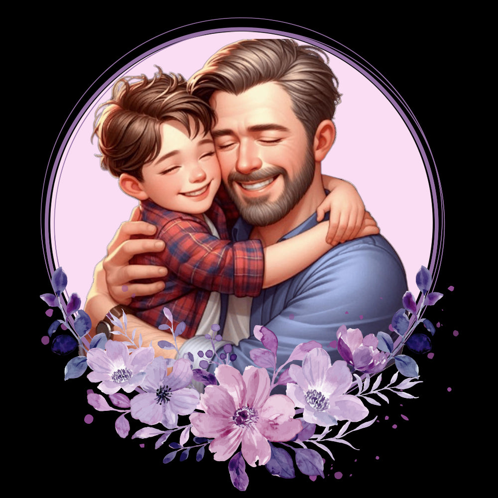 Illustration of a father and son embracing with a floral border on a light purple background