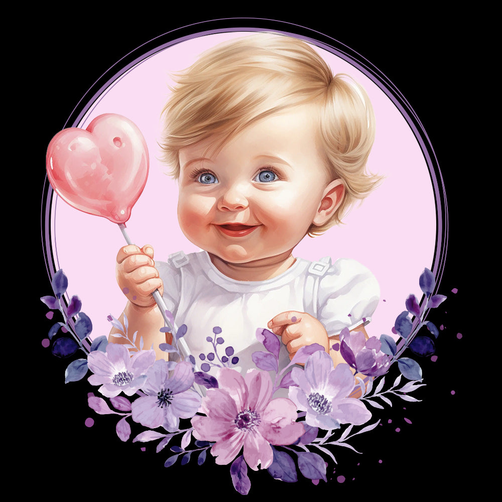 Illustration of a baby holding a heart-shaped balloon with flowers on a pink background